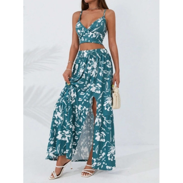 Kadın Ince Askılı çiçek Baskı Desenli Crop Yırtmaçlı Etek Ikili Süprem Takım