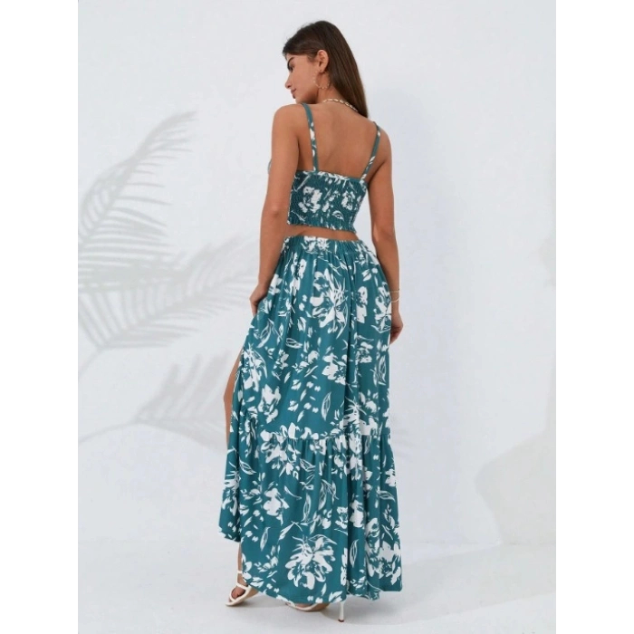 Kadın Ince Askılı çiçek Baskı Desenli Crop Yırtmaçlı Etek Ikili Süprem Takım