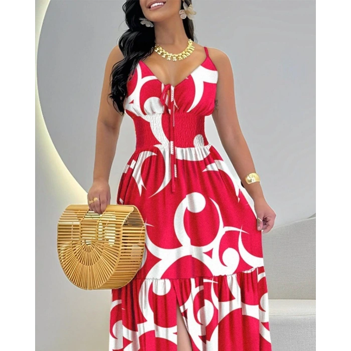 Kadın Ip Askılı Dekolteli Bağcıklı Yırtmaçlı Desenli Süprem Elbise