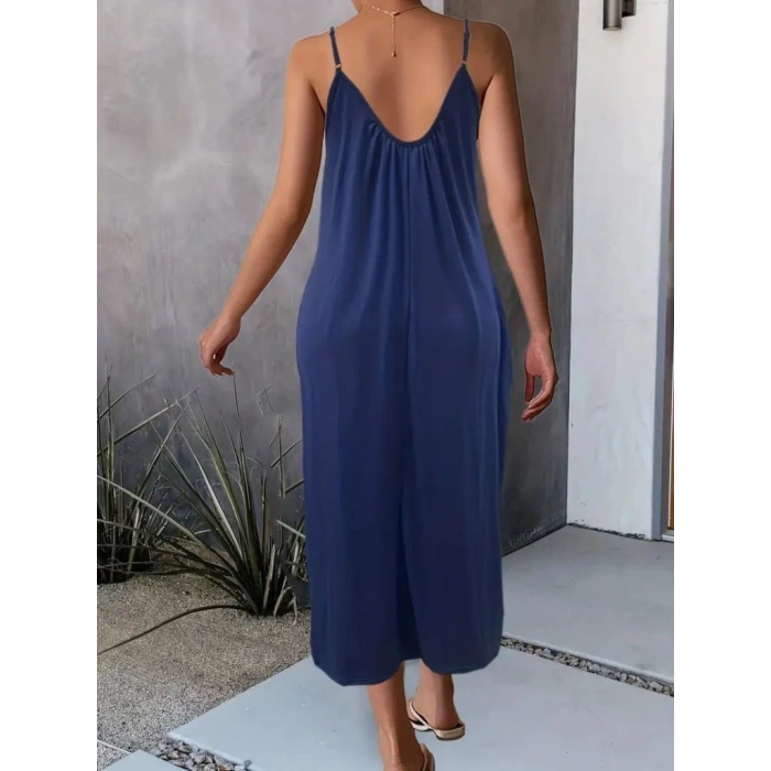 Kadın Ip Askılı Geniş V Yakalı Viskon Elbise