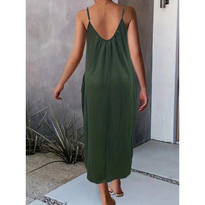 Kadın Ip Askılı Geniş V Yakalı Viskon Elbise