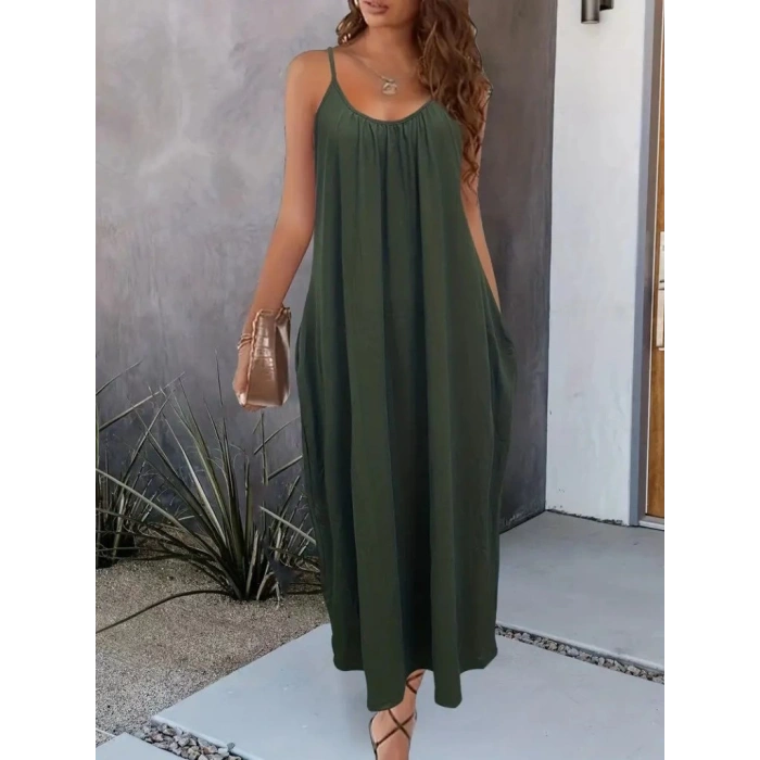 Kadın Ip Askılı Geniş V Yakalı Viskon Elbise