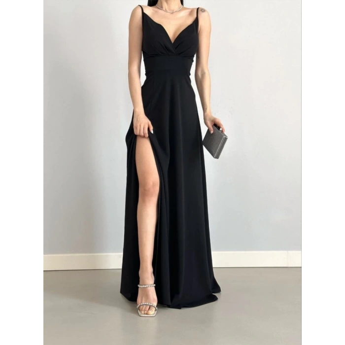 Kadın Ip Askılı Kruvaze Yaka Maxi Boy Abiye Elbise