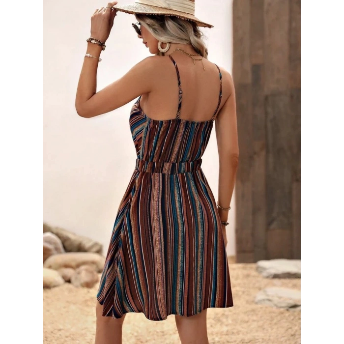 Kadın Ip Askılı Kruvaze Yakalı Beli Lastikli Desenli Süprem Elbise