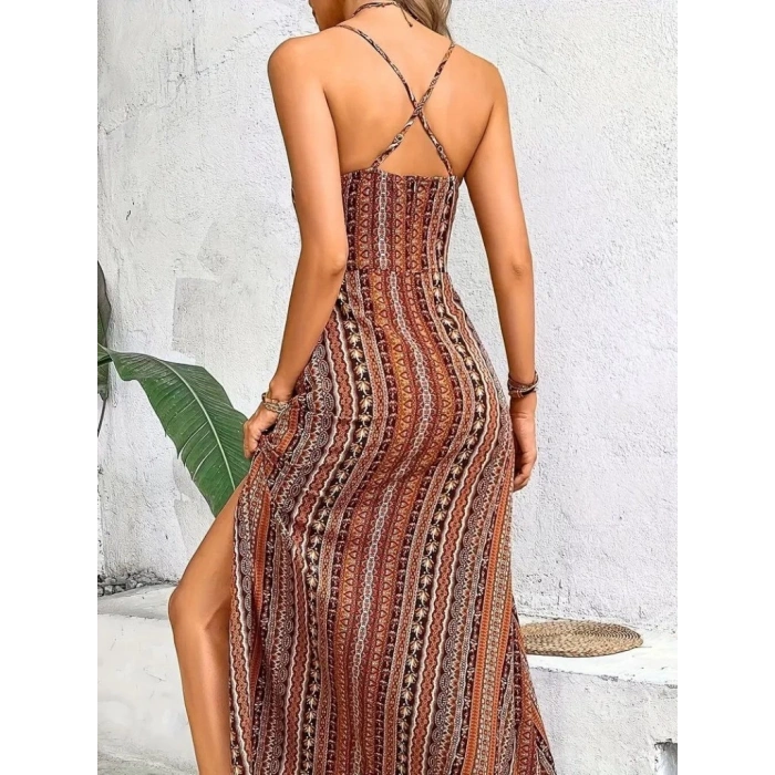 Kadın Ip Askılı Sırttan çapraz Detaylı Yırtmaçlı Desenli Süprem Elbise