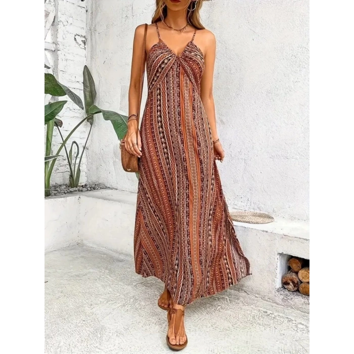 Kadın Ip Askılı Sırttan çapraz Detaylı Yırtmaçlı Desenli Süprem Elbise