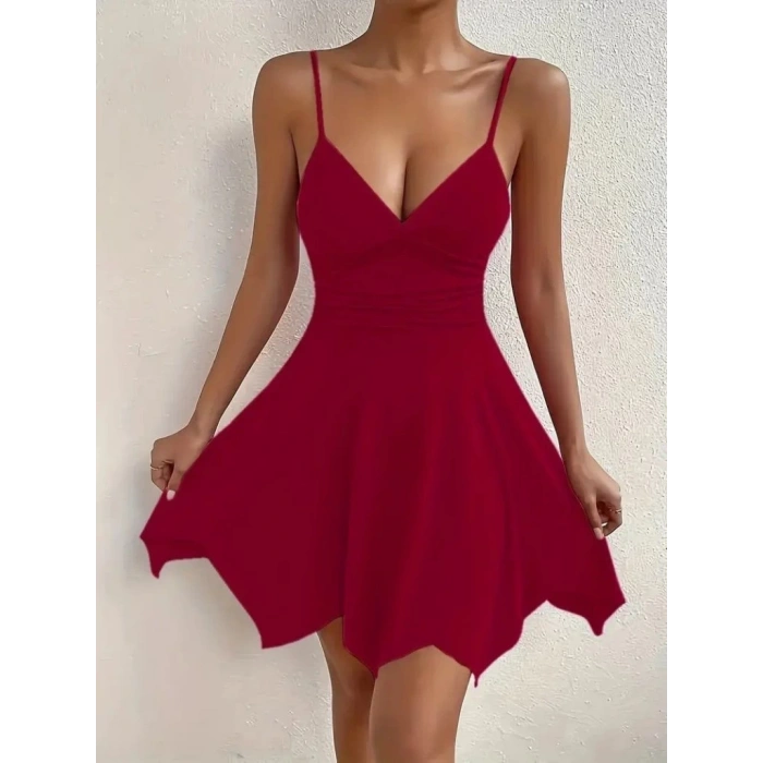 Kadın Ip Askılı V Yakalı Asimetrik Kesim Detaylı Janjan Krep Elbise