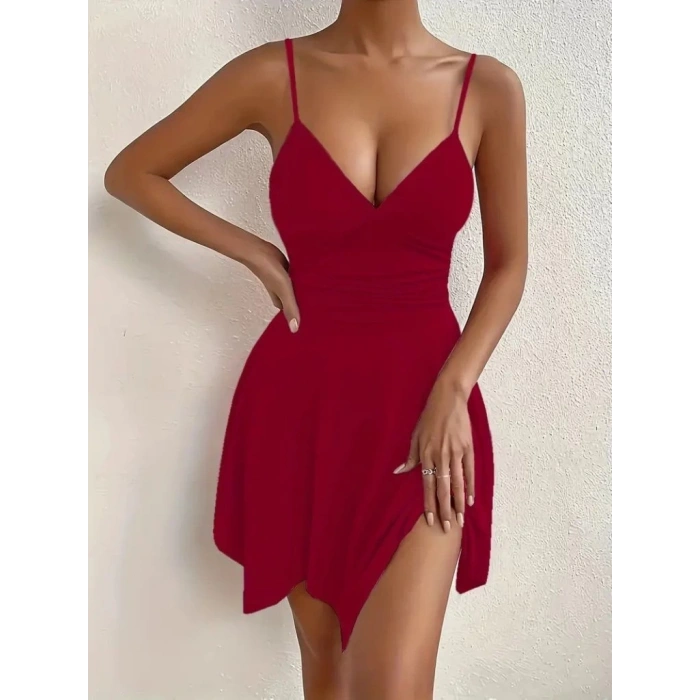 Kadın Ip Askılı V Yakalı Asimetrik Kesim Detaylı Janjan Krep Elbise