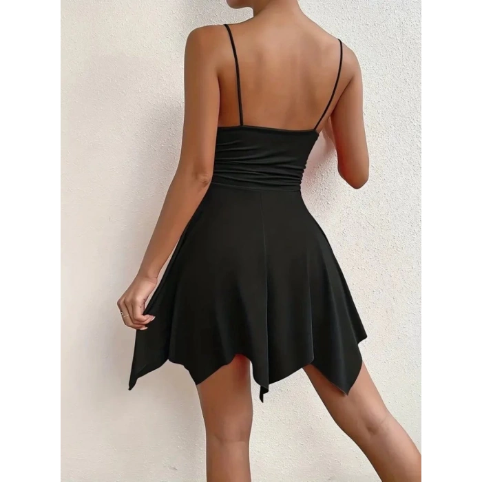 Kadın Ip Askılı V Yakalı Asimetrik Kesim Detaylı Janjan Krep Elbise