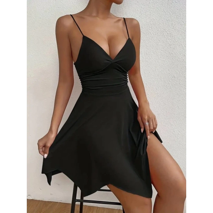 Kadın Ip Askılı V Yakalı Asimetrik Kesim Detaylı Janjan Krep Elbise