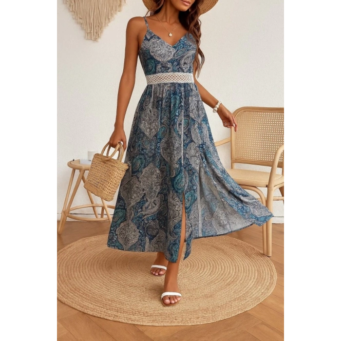 Kadın Ip Askılı V Yakalı Bel Güpür çiçek Desenli Yandan Yırtmaçlı Maksi Süprem Elbise