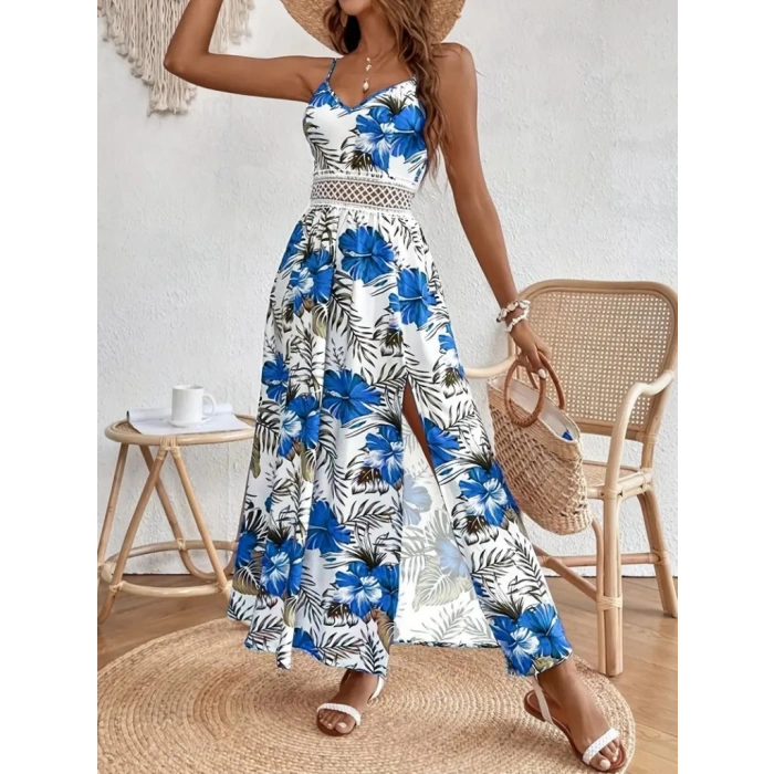 Kadın Ip Askılı V Yakalı Bel Güpür çiçek Desenli Yandan Yırtmaçlı Maksi Süprem Elbise