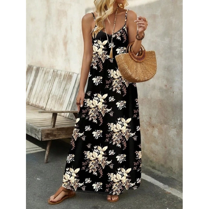 Kadın Ip Askılı V Yakalı çiçek Desenli Süprem Elbise