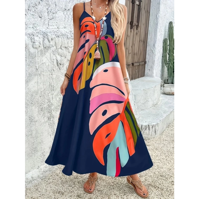 Kadın Ip Askılı V Yakalı Desenli Süprem Maxi Elbise