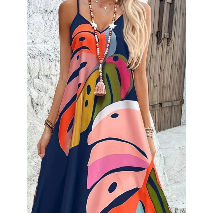 Kadın Ip Askılı V Yakalı Desenli Süprem Maxi Elbise