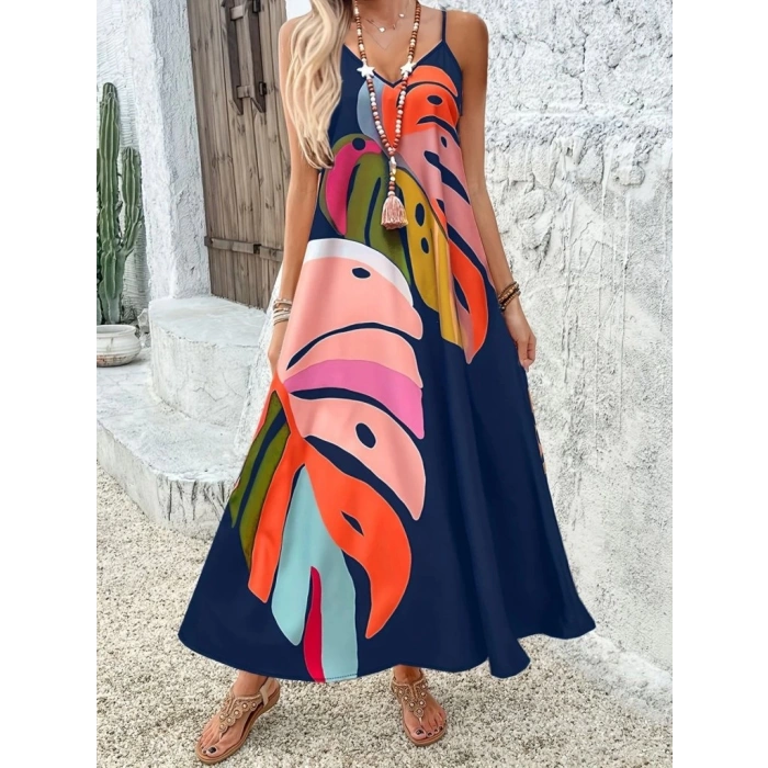 Kadın Ip Askılı V Yakalı Desenli Süprem Maxi Elbise