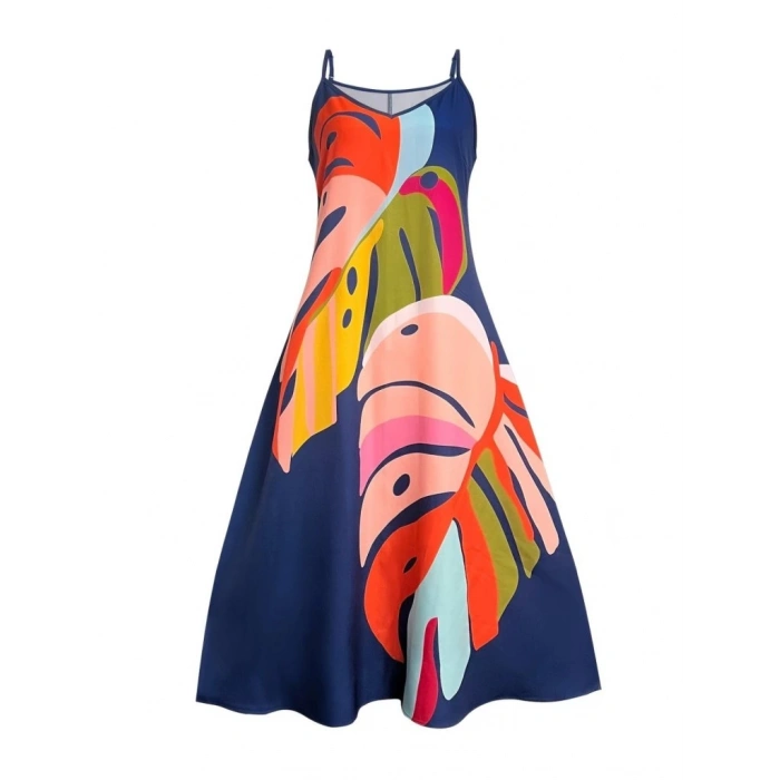 Kadın Ip Askılı V Yakalı Desenli Süprem Maxi Elbise