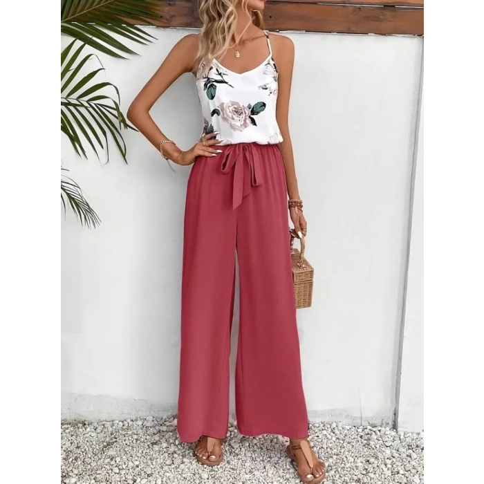 Kadın Ip Askılı V Yakalı Süprem Bluz Ve Aerobin Pantolon Ikili Takım