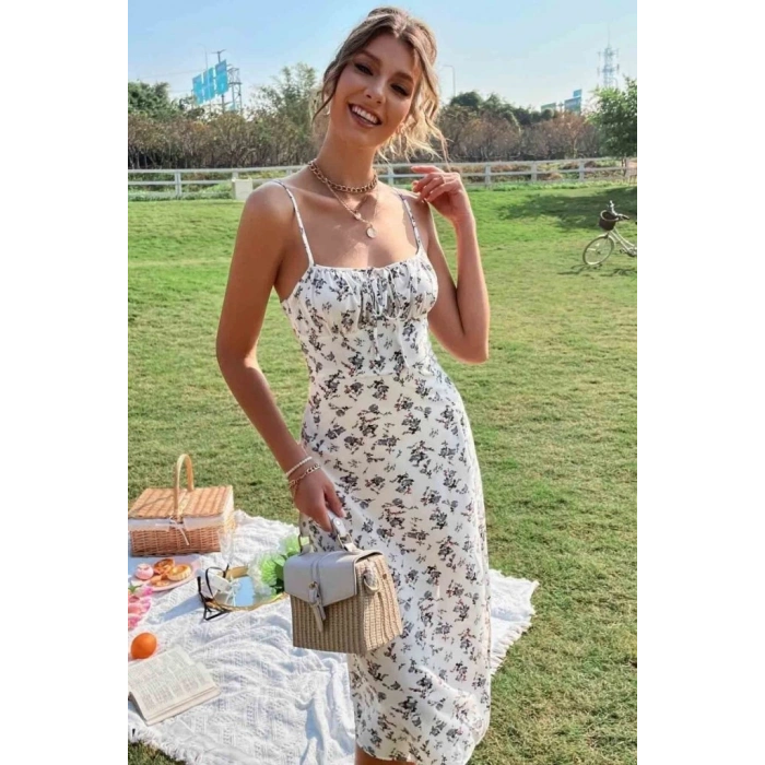 Kadın Ip Askılı Yakadan Bağcıklı Desenli Süprem Elbise