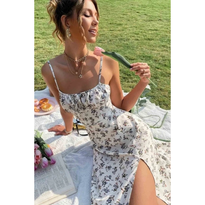 Kadın Ip Askılı Yakadan Bağcıklı Desenli Süprem Elbise