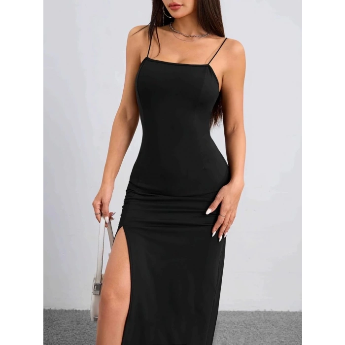 Kadın Ip Askılı Yandan Yırtmaçlı Janjan Krep Elbise