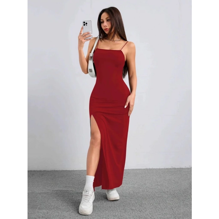 Kadın Ip Askılı Yandan Yırtmaçlı Janjan Krep Elbise