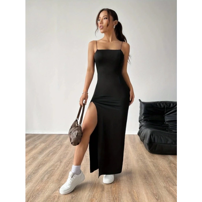 Kadın Ip Askılı Yandan Yırtmaçlı Janjan Krep Elbise