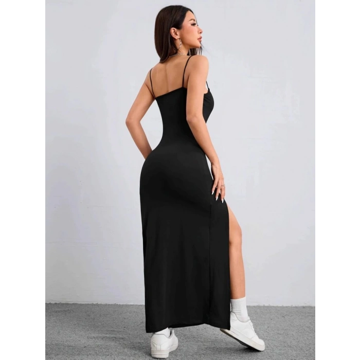 Kadın Ip Askılı Yandan Yırtmaçlı Janjan Krep Elbise