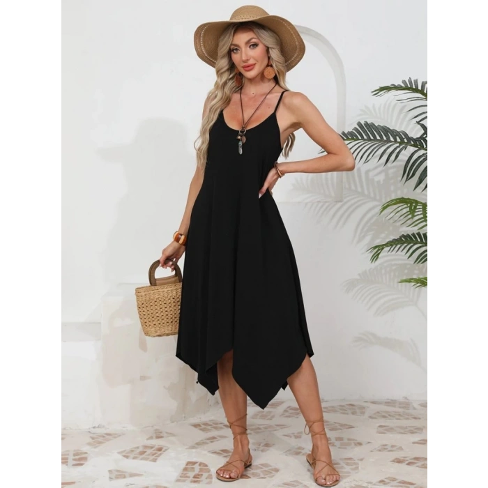 Kadın Ip Askılı Yuvarlak Yakalı Asimetrik Kesim Viskon Elbise