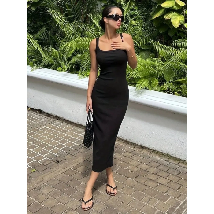 Kadın Ip Askılı Yuvarlak Yakalı Yırtmaçlı Midi Kaşkorse Elbise