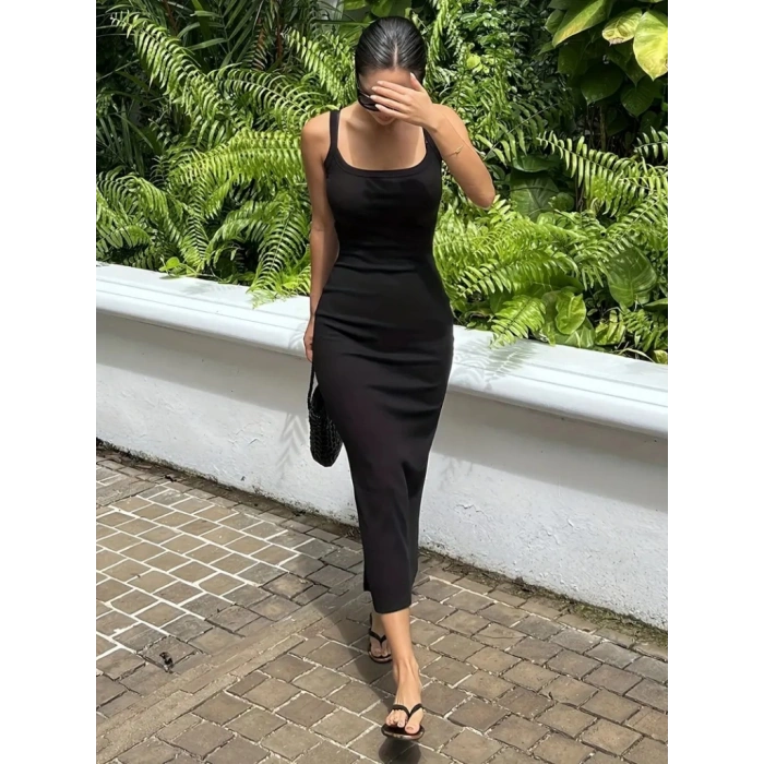 Kadın Ip Askılı Yuvarlak Yakalı Yırtmaçlı Midi Kaşkorse Elbise