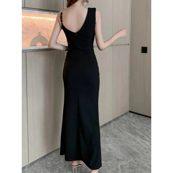 Kadın Ip Zincir Askılı Kruvaze Yakalı önden Fırfırlı Yırtmaçlı Janjan Krep Elbise