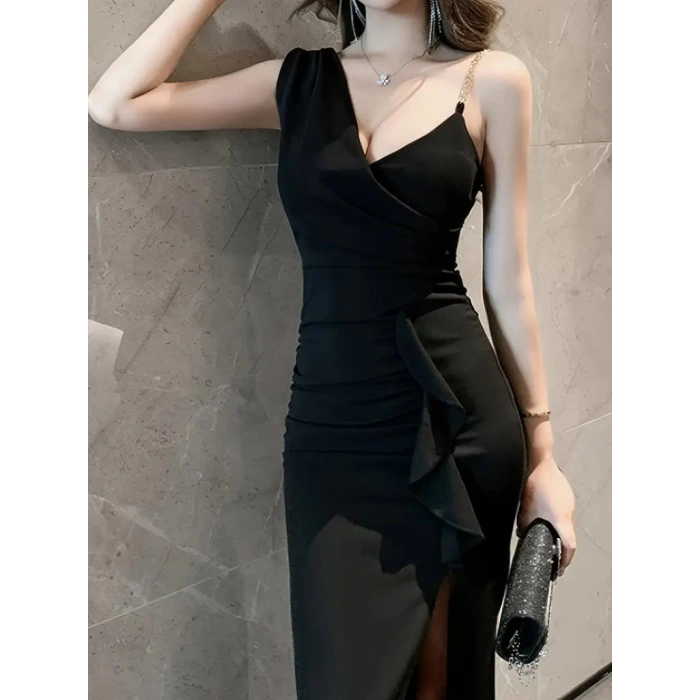 Kadın Ip Zincir Askılı Kruvaze Yakalı önden Fırfırlı Yırtmaçlı Janjan Krep Elbise