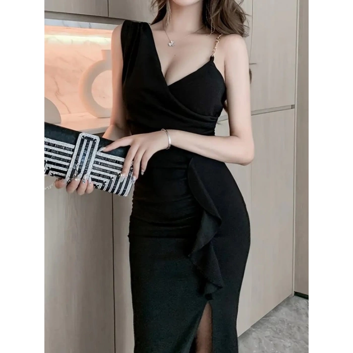 Kadın Ip Zincir Askılı Kruvaze Yakalı önden Fırfırlı Yırtmaçlı Janjan Krep Elbise