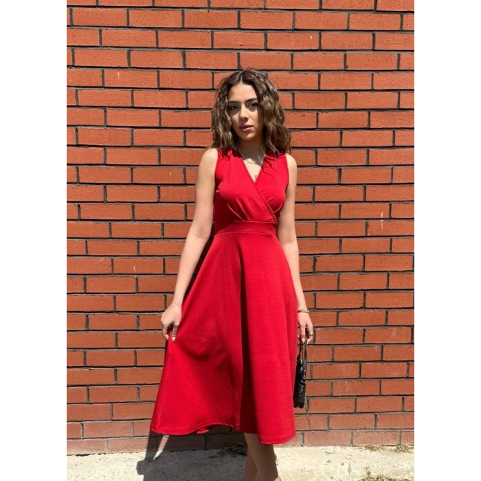 Kadın Ithal Krep Kumaş Kruvaze Yaka Eteği Kloş Kolsuz Mini Elbise