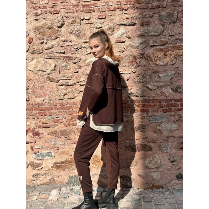 Kadın Kahve Kapşonlu Etek Ucu Detay Arma Ters Dikiş Gorunumlu Ikili Takım