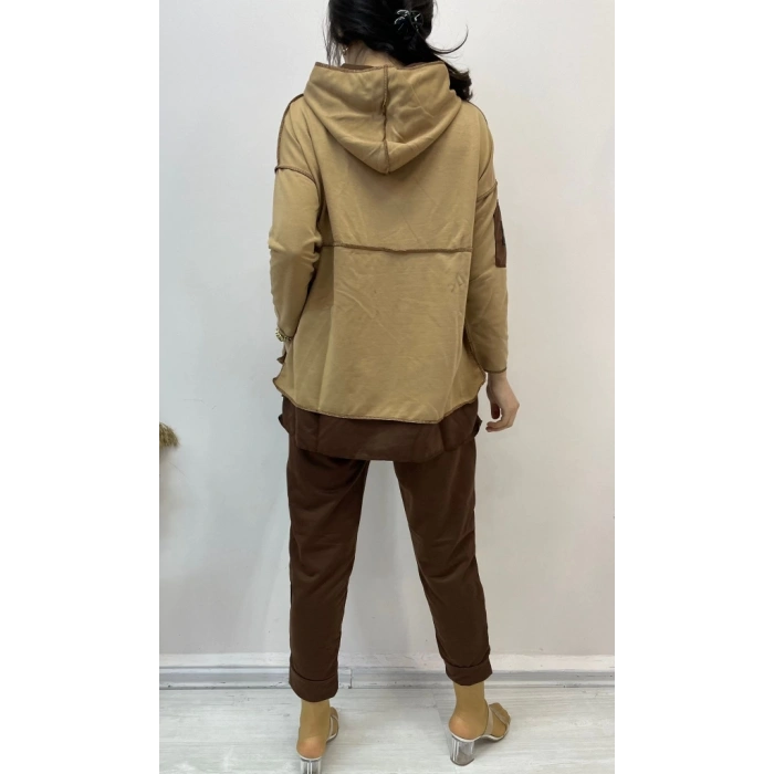 Kadın Kahve Kapşonlu Etek Ucu Detay Arma Ters Dikiş Gorunumlu Ikili Takım