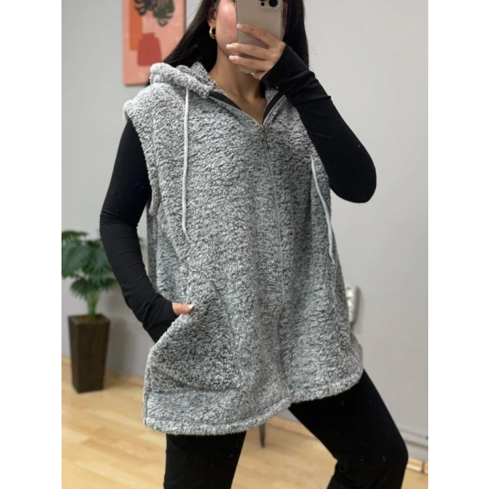 Kadın Kapüşon Ve Fermuar Detay Welsoft Kolsuz Yelek