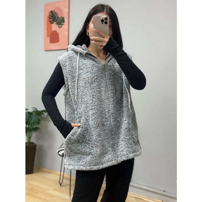 Kadın Kapüşon Ve Fermuar Detay Welsoft Kolsuz Yelek