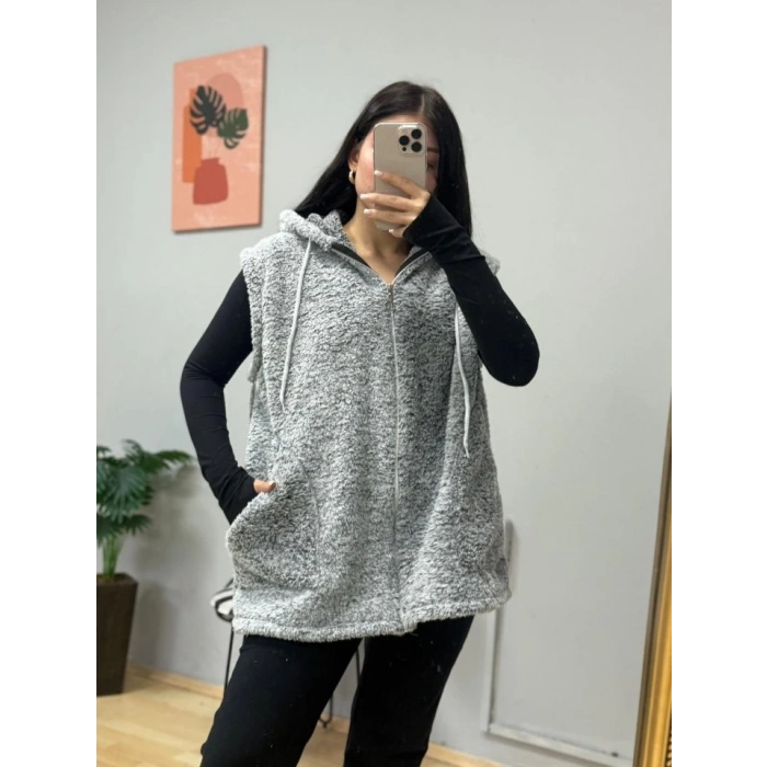 Kadın Kapüşon Ve Fermuar Detay Welsoft Kolsuz Yelek