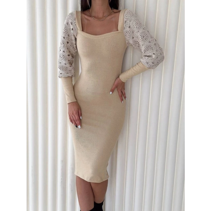 Kadın Kare Yaka Kolları Manşet Ve Tül Detay Fırsat ürün Midi Boy Elbise