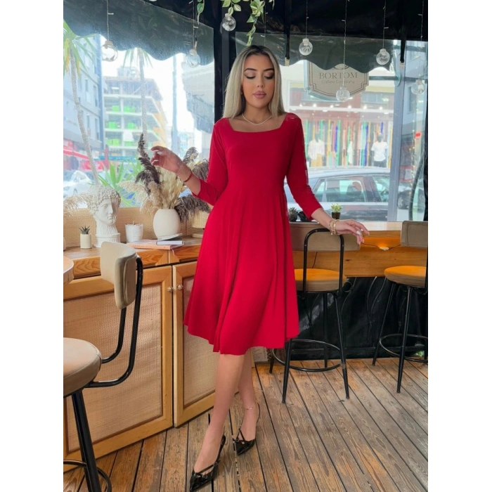 Kadın Kare Yaka Truvakar Kol Fırsat ürün Midi Boy Elbise