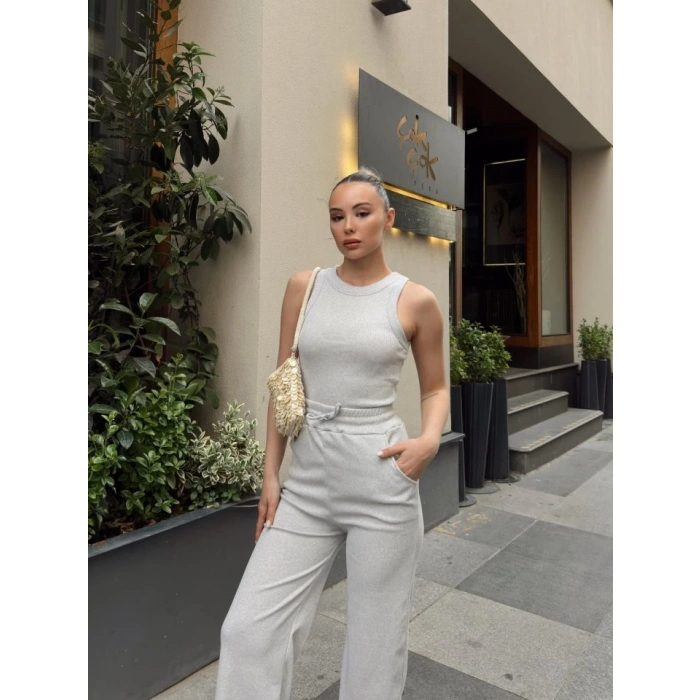 Kadın Kaşkorse Kumaş Atlet Ve Yüksek Bel Bol Paça Pantolon Ikili Takım