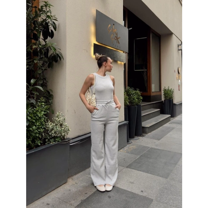 Kadın Kaşkorse Kumaş Atlet Ve Yüksek Bel Bol Paça Pantolon Ikili Takım