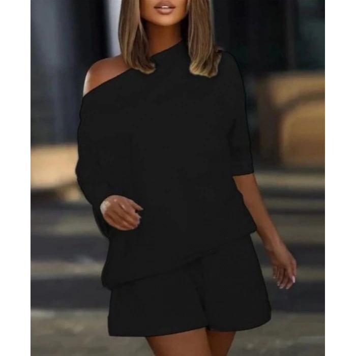 Kadın Kayık Yaka Salaş Iki Iplik Bluz Ve şort Ikili Takım