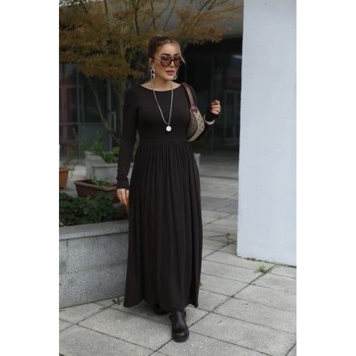 Kadın Kayık Yaka Sırt Dekoltesi Ve Yırtmaç Detay Maxi Boy Elbise