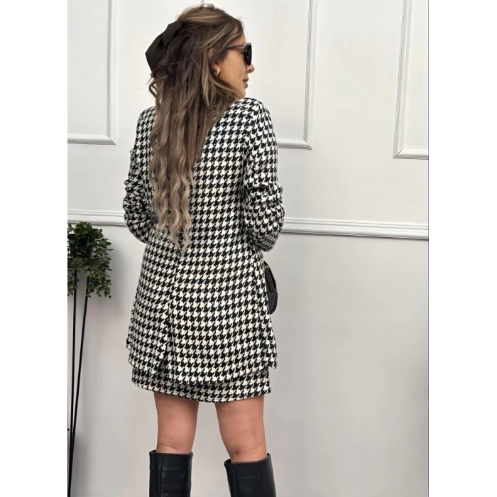 Kadın Kazayağı Desen Vatka Detay Kaban Ve Yüksek Bel Etek Ikili Takım