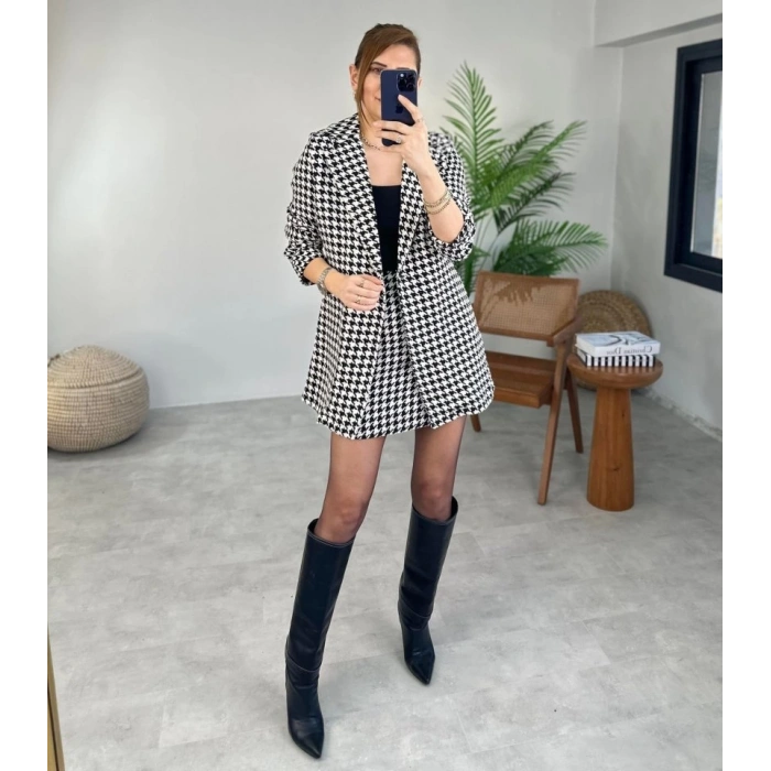 Kadın Kazayağı Desen Vatka Detay Kaban Ve Yüksek Bel Etek Ikili Takım