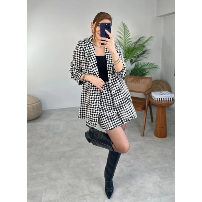 Kadın Kazayağı Desen Vatka Detay Kaban Ve Yüksek Bel Etek Ikili Takım