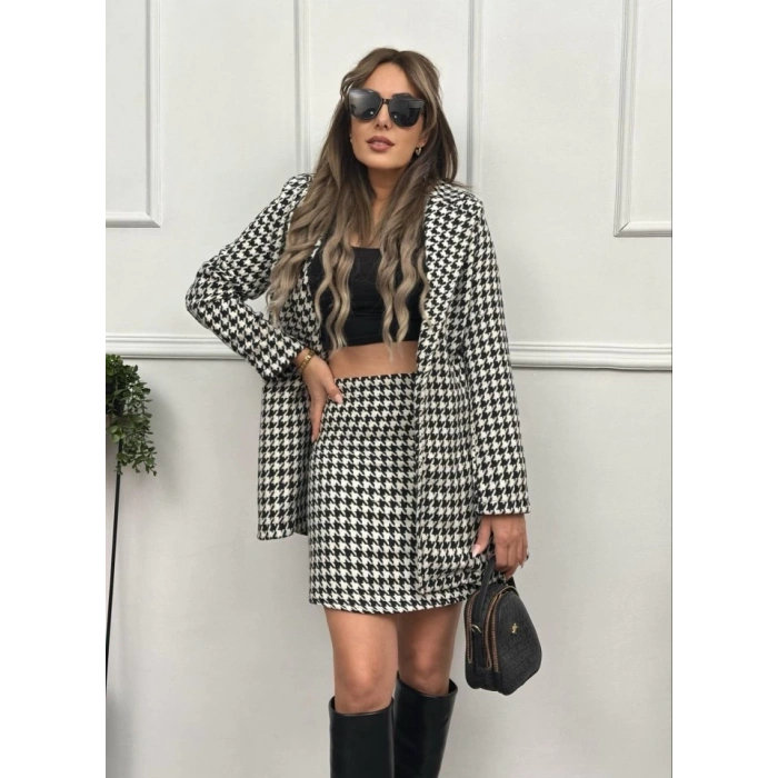 Kadın Kazayağı Desen Vatka Detay Kaban Ve Yüksek Bel Etek Ikili Takım